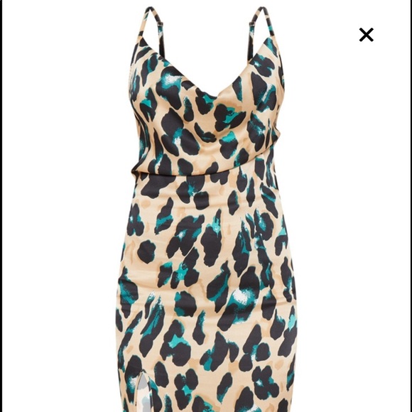 Tan Strappy Satin Leopard Print Cowl Midi Dress - Picture 8 of 10